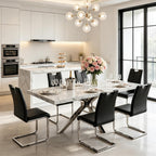 Faux Marble Dining Table Set for 6, Modern Kitchen Table Chairs Set 6, 70" Faux Marble Table with Silver Stainless Steel Leg, 6 Black Leather Chairs, 7 Piece Dining Set for Kitchen Living Dining Room
