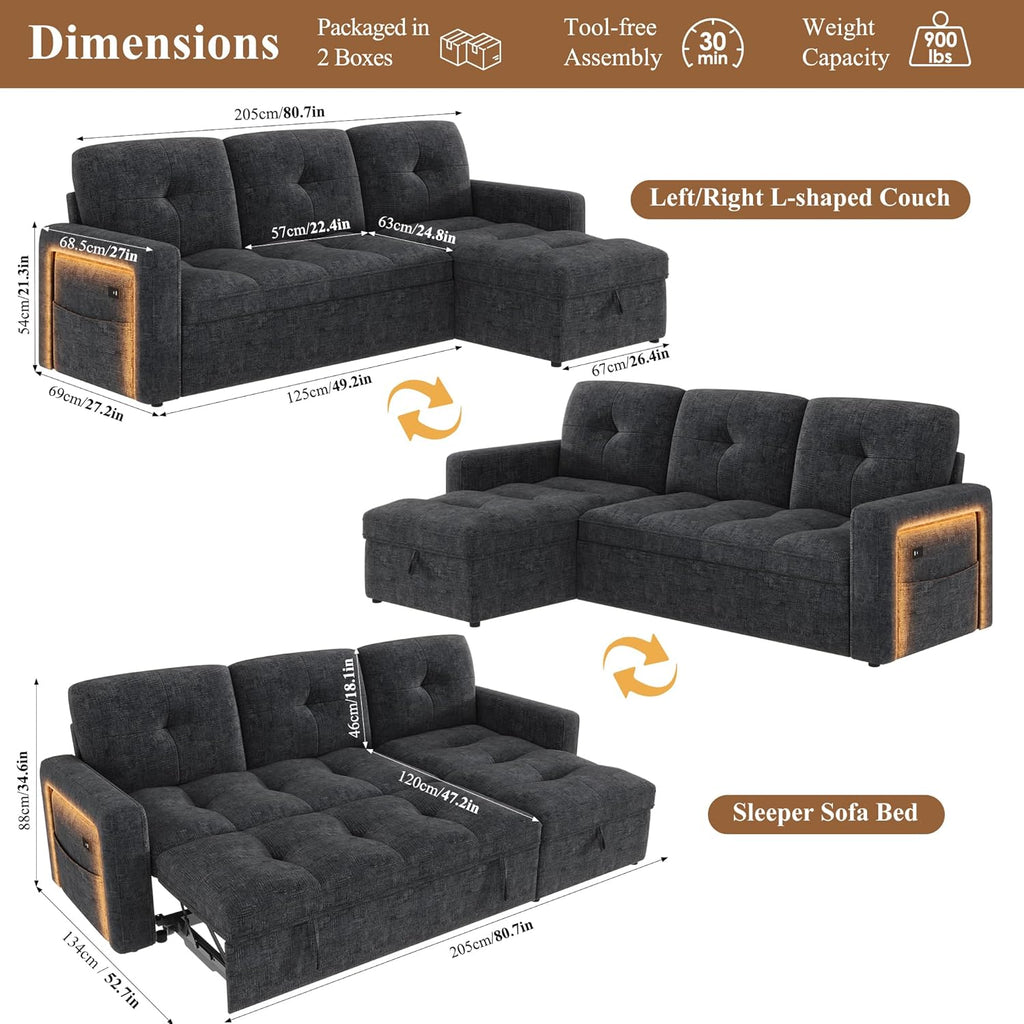 81'' LED L-Shaped Sectional Couch for Living Room, Sleeper Sofa Bed, Black | Comfy Chenille Cloud Couch, Pull Out Bed, Storage Chaise, 5-level Adjustable Backrest, USB Charging, 2 Pillow, 900LB Capacity