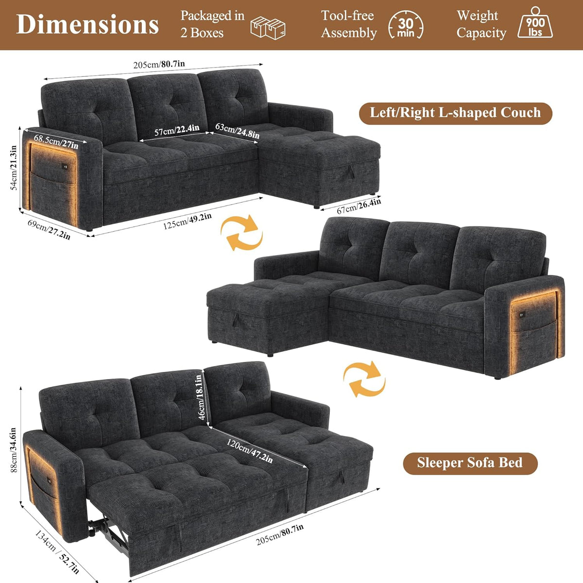 81'' LED L-Shaped Sectional Couch for Living Room, Sleeper Sofa Bed, Black | Comfy Chenille Cloud Couch, Pull Out Bed, Storage Chaise, 5-level Adjustable Backrest, USB Charging, 2 Pillow, 900LB Capacity