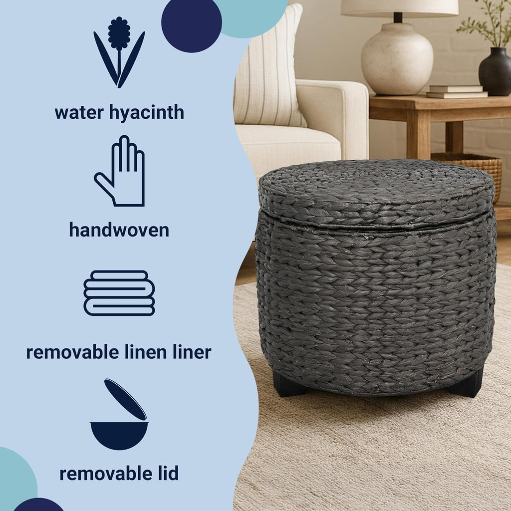 happimess Addie Handwoven Water Hyacinth Storage Ottoman 17.72", Black | Removable Lid, Coastal Foot Rest, 11 Gallon Capacity, Lined Interior, Wooden Legs, Entryway Seating, Holds 150 Lbs