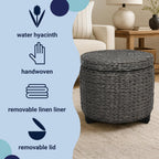 happimess Addie Handwoven Water Hyacinth Storage Ottoman 17.72", Black | Removable Lid, Coastal Foot Rest, 11 Gallon Capacity, Lined Interior, Wooden Legs, Entryway Seating, Holds 150 Lbs