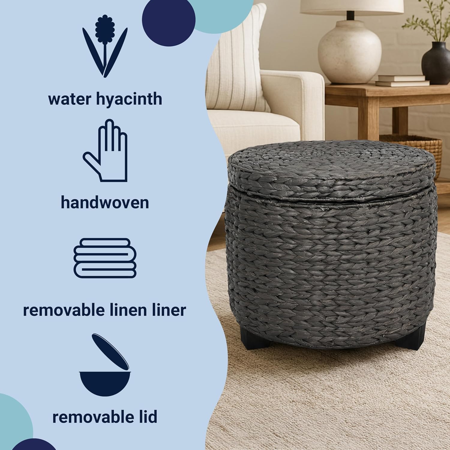 happimess Addie Handwoven Water Hyacinth Storage Ottoman 17.72", Black | Removable Lid, Coastal Foot Rest, 11 Gallon Capacity, Lined Interior, Wooden Legs, Entryway Seating, Holds 150 Lbs