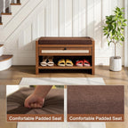 VipDesk Rattan Shoe Bench with Storage Drawer and Cushion Seat, Walnut Wood Entryway Bench 330 lbs Capacity, Waterproof for Hallway, Bedroom, Living Room