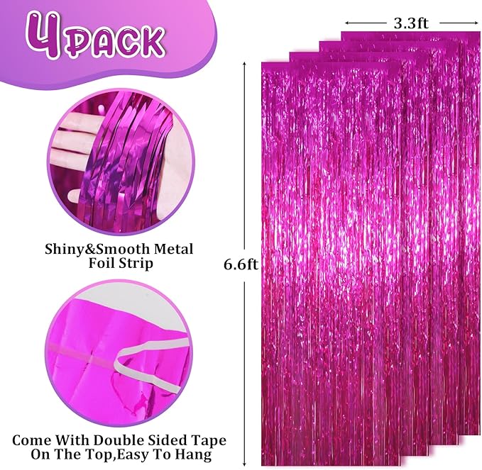 4 Pack Pink Foil Fringe Backdrop Curtains, Tinsel Streamers Birthday Party Decorations, Fringe Backdrop for Graduation, Baby Shower, Gender Reveal, Disco Party