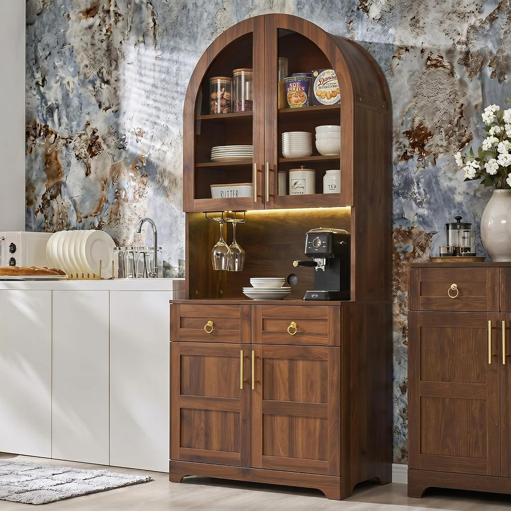 Merax 74.8'' Tall Arched Kitchen Pantry Cabinet, Mid-Century Modern Kitchen Hutch with Power Outlet & LED Light, Adjustable Shelves & Glass Holders, Versatile Cupboard for Kitchens, Living Room