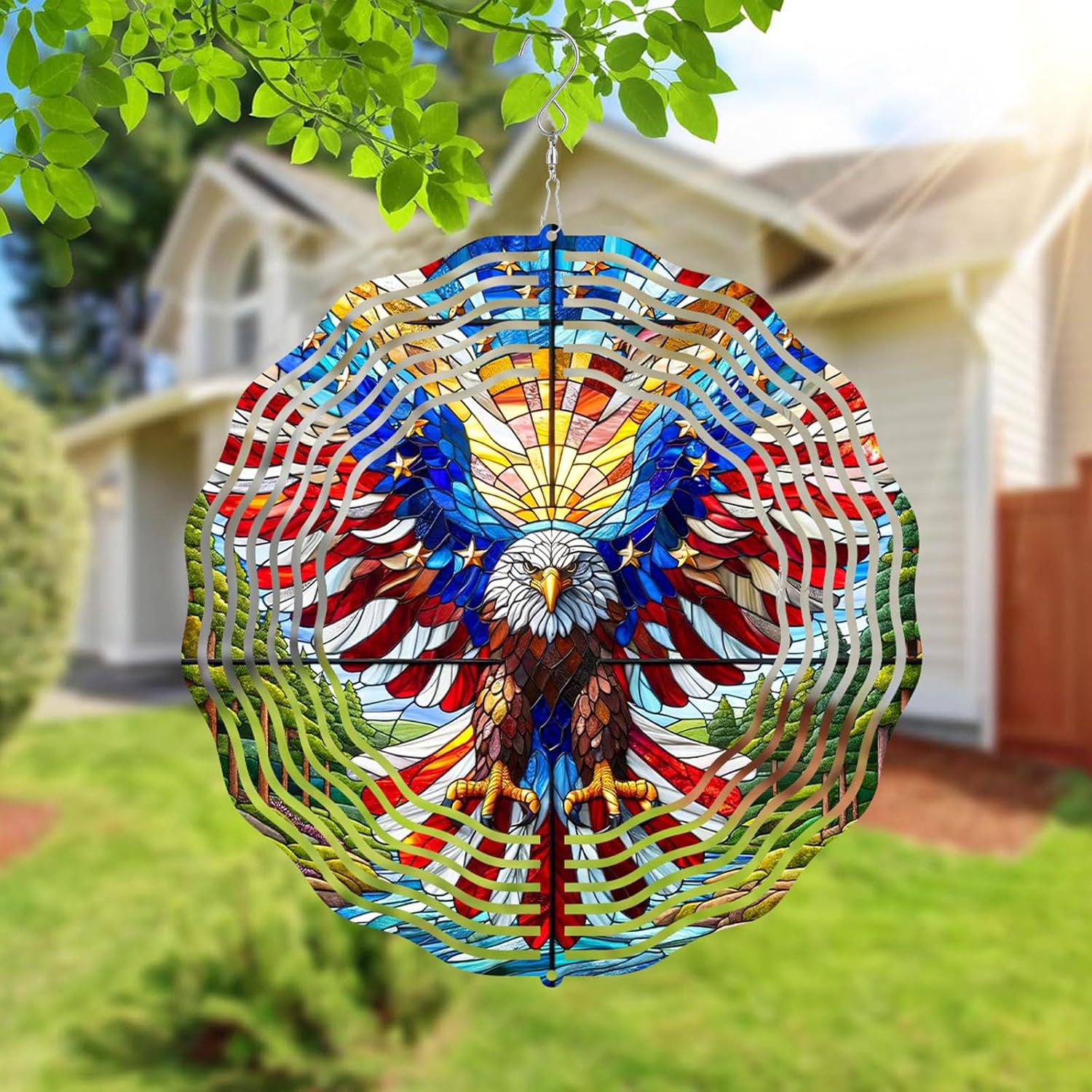 10 Inch 3D Flag Eagle Wind Spinner, Unique Metal Hanging Kinetic Wind Sculpture Gifts for Women Mom Grandma Wife, Outdoor & Indoor Decorations, Yard and Garden Ornament