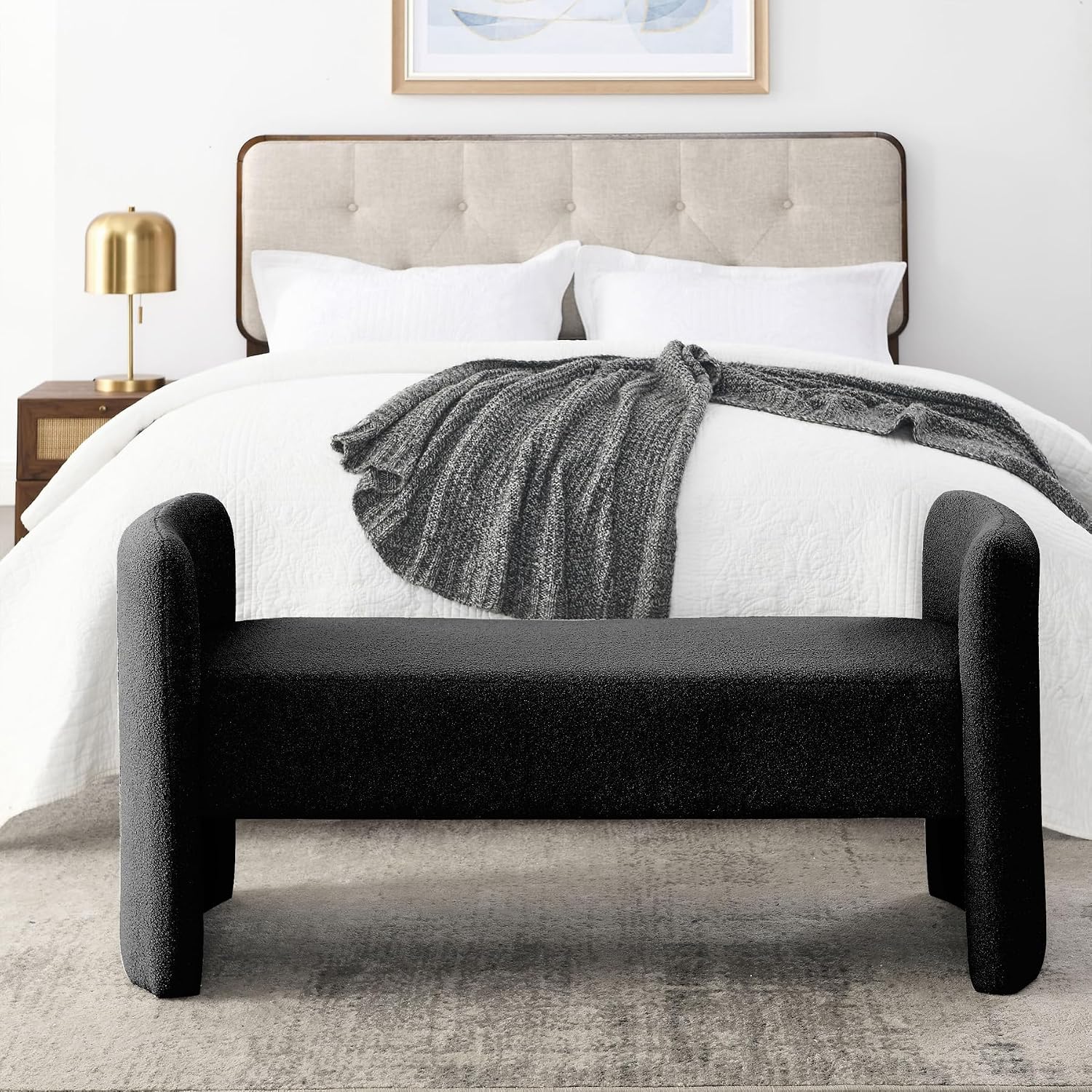 Teddy Ottoman Bench for Bedroom, 52" Upholstered End of Bed Bench for Living, Dining Room, Entryway and Hallway, Fireplace Bench, Easy Assembly (Black)