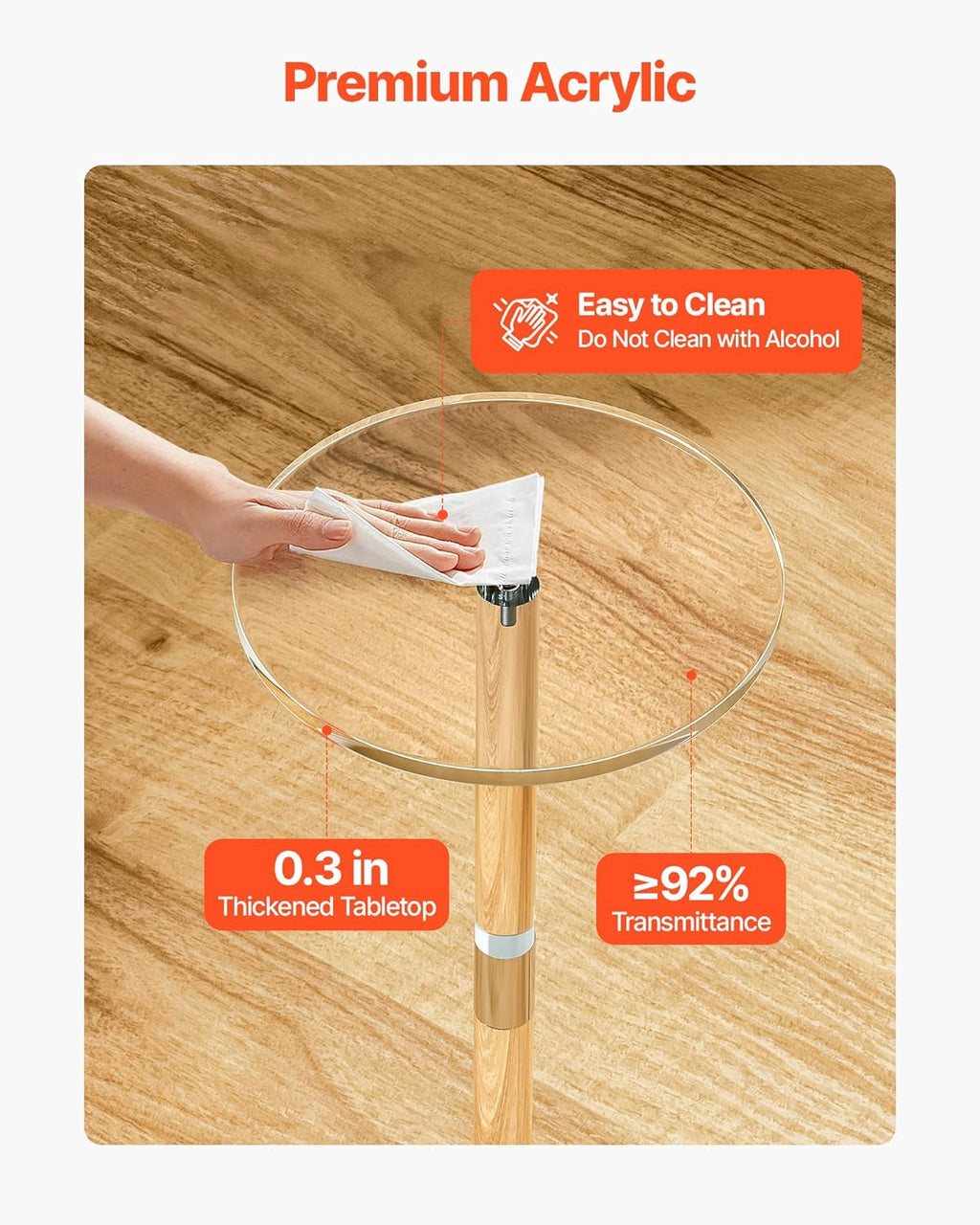 VEVOR Acrylic Drink Table, Small Round Side Table with Solid Post, Modern Clear End Table Transparent Cake Desk for Coffee, Cocktail, Dessert, Snack, Living Room, Bedroom, Bathroom, Easy Assembly