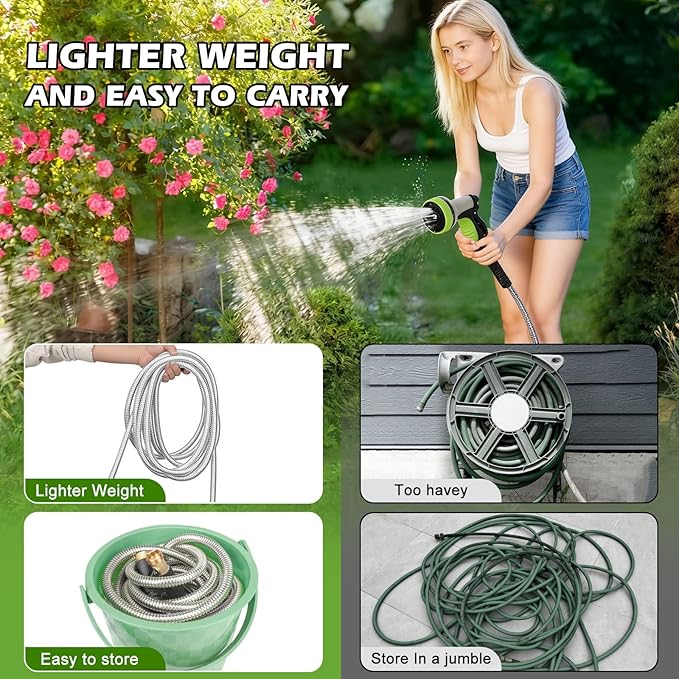 Metal Garden Hose 50 ft Stainless Steel Heavy Duty Water Hose with 10 Function Nozzles Flexible Lightweight Kink-Free Leakproof Sturdy Hoses Pipe 3/4" Brass Fitting for Outdoor Yard Lawn RV