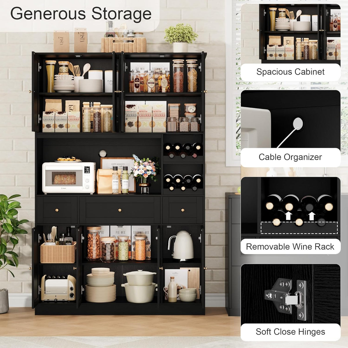 BOTLOG 72" Tall Black Pantry Cabinet with Wine Rack, Microwave Stand | Kitchen Hutch with 8 Doors and 3 Drawers for Dining Room Kitchen, Home Bar Black