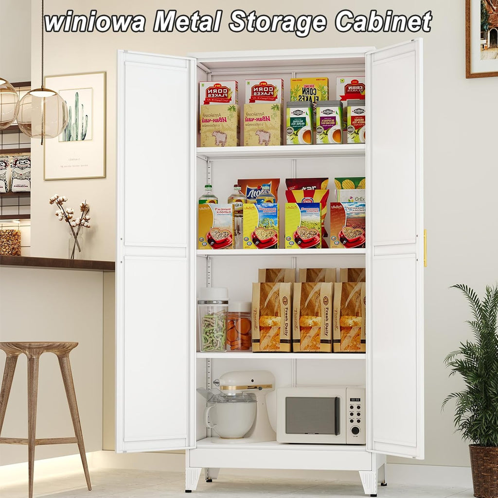 Winiowa Metal Pantry Cabinet with 2 Doors and Adjustable Shelves - 61" Kitchen Storage Cabinet with Gold Handles - Versatile Storage for Kitchen, Bathroom, Dining Room, Utility Room - White