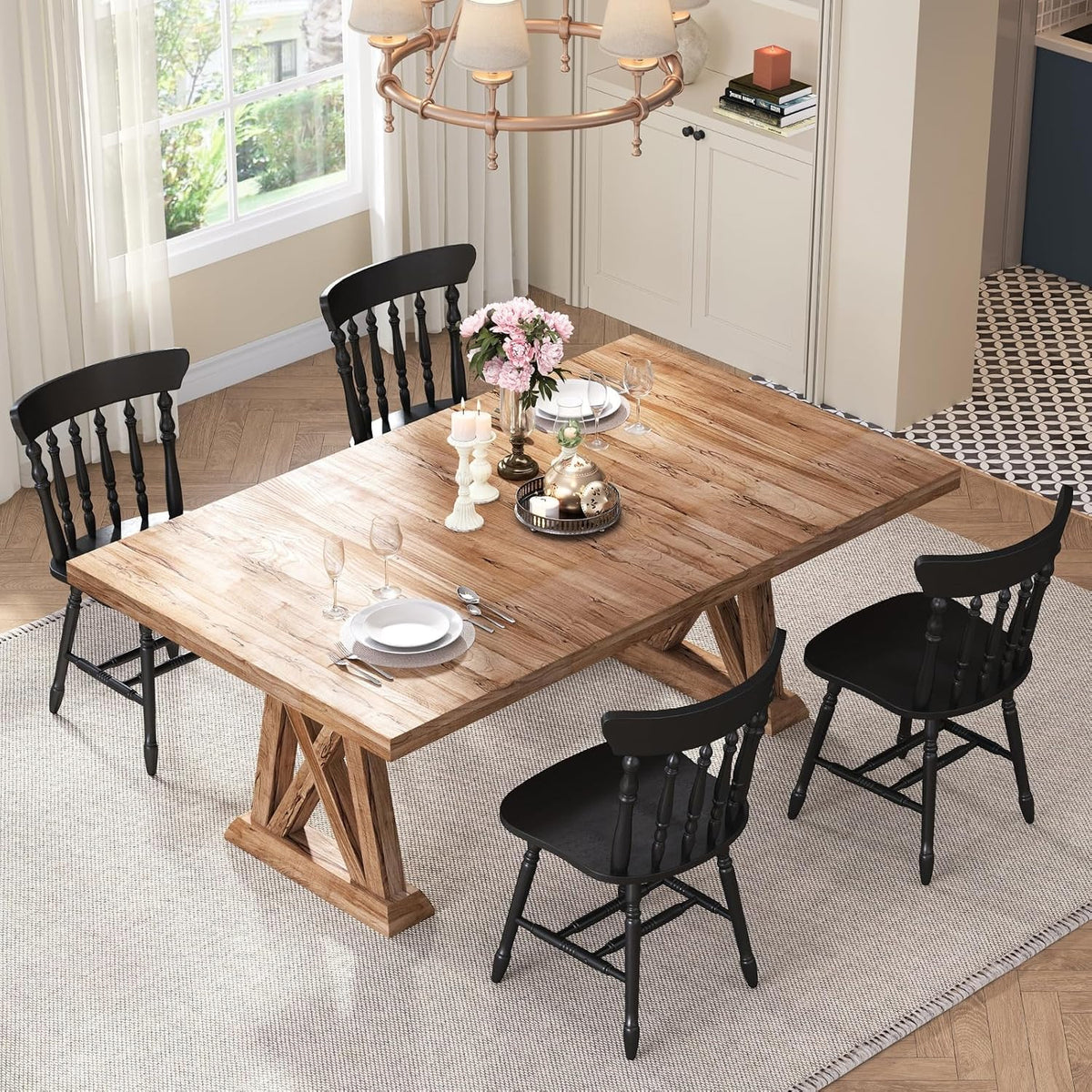 chairus Vintage Black Dining Chairs Set of 6, Farmhouse Windsor Wooden Dining Room Chairs with Turned Spindle Back & Legs, Traditional Colonial Armless Side Kitchen Chairs