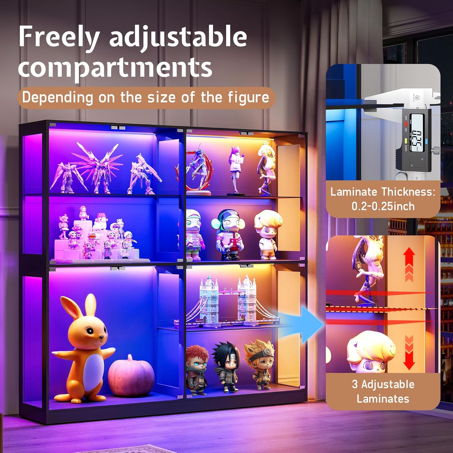 Jocisland 45x16 Inch Display Cabinet with Glass Doors and RGB Lights, 4-Tier Storage Display Case for Collectibles, Adjustable Shelves, MDF and Tempered Glass, Black