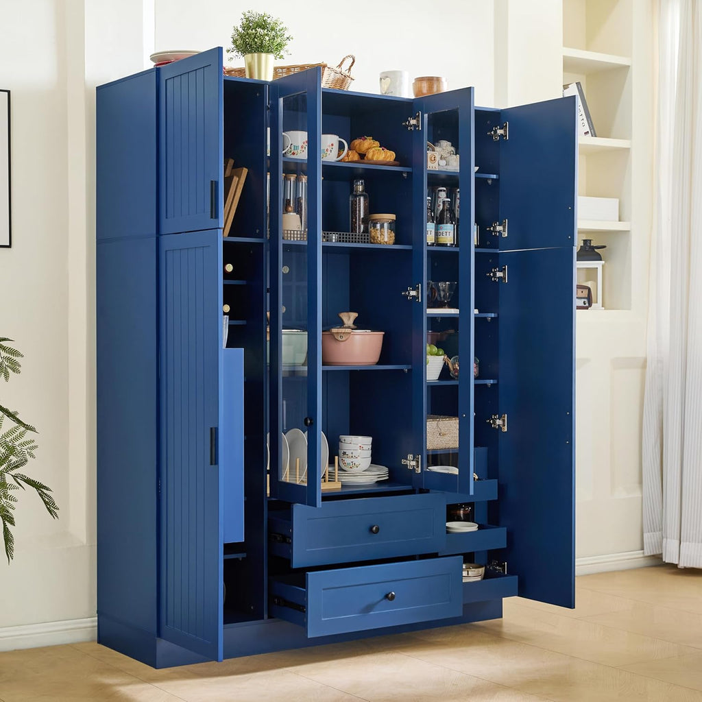 Merax Modern Large Kitchen Pantry with 6 Doors, 53.2''Lx17.7''W Storage Cabinet Cupboard with Drawers, Adjustable Shelves, Pull-Out Trays and Wine Rack for Dining Room, Blue