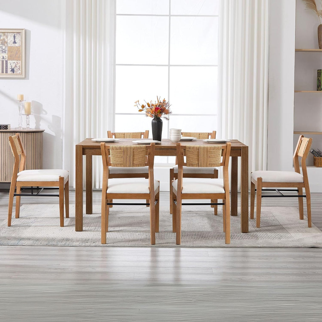 BESTANO Modern Armless Dining Chairs with Rope Woven Back Set of 6, Beige Linen Fabric Upholstered Kitchen & Dining Room Chairs, Mid-Century Classic Farmhouse Wooden Side Chair
