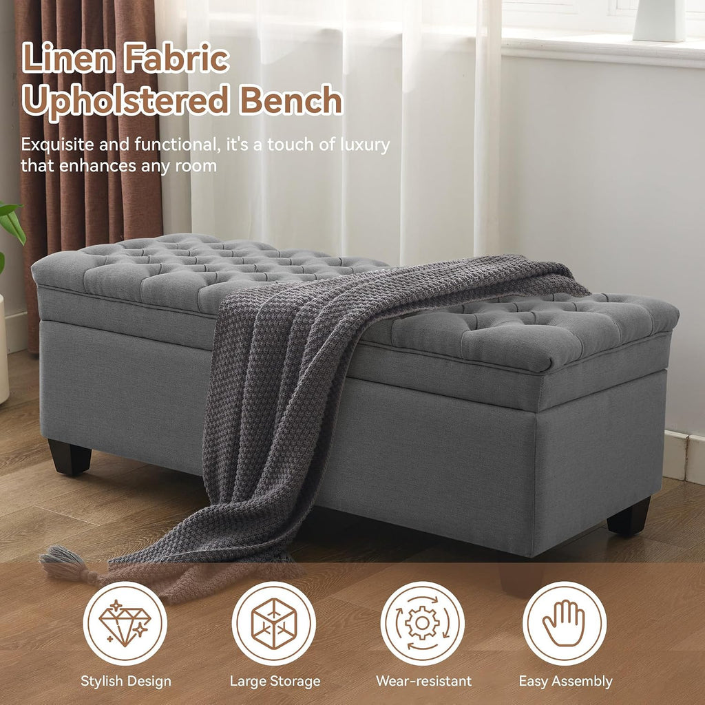WUTUTUEE 51" Fabric Storage Ottoman Bench, Upholstered Rectangle End of Bed Storage Ottoman Tufted Living Room Bedroom Bench with Safety Hinge, Solid Wood Legs, Loads 500 lb(Dark Grey)