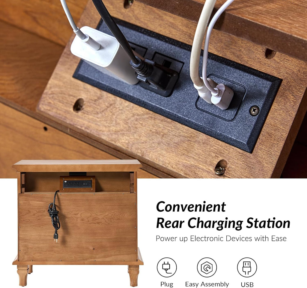 End Table Set of 2 with Charging Station, Solid Wood Organizer with 3 Drawers & Pull-Out Shelf, Farmhouse Bedside Table for Living Room, Acorn