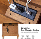 End Table Set of 2 with Charging Station, Solid Wood Organizer with 3 Drawers & Pull-Out Shelf, Farmhouse Bedside Table for Living Room, Acorn