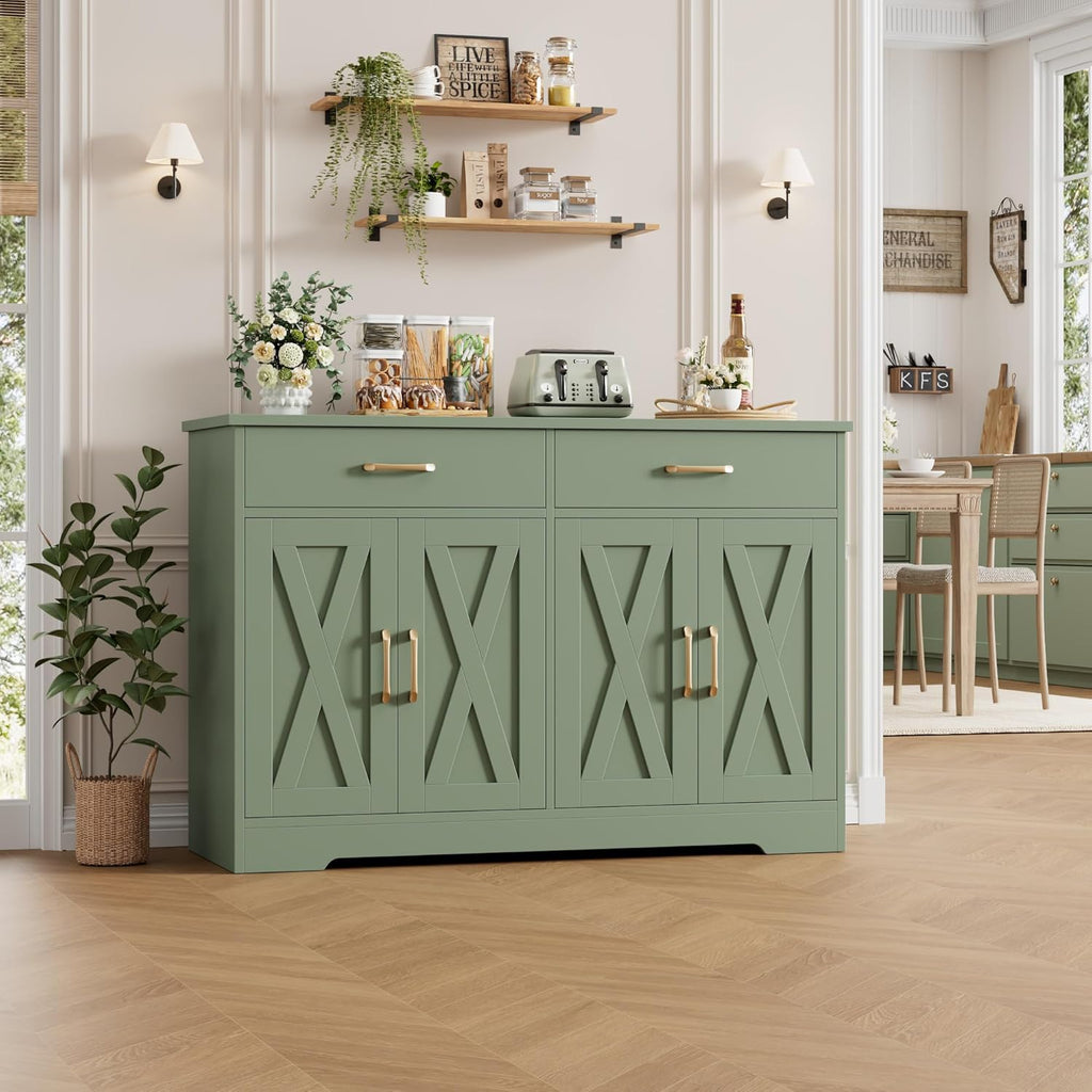 HOSTACK Buffet Cabinet with Storage, 47.2" Kitchen Sideboard Buffet with Drawers, Modern Farmhouse Coffee Bar Station with Shelves, Barn Doors Storage Cabinet for Living Room, Green