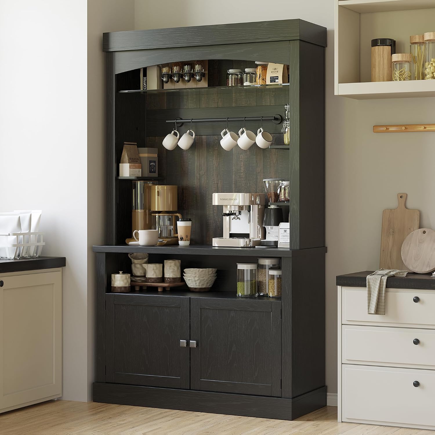 Takywep Tall Coffee Hutch with LED Lights Tall CoffeeBar Cabinet Farmhouse Buffet Cabinet with Storage Kitchen Sideboard with Microwave Stand/Wine Rack/Glass Shelf