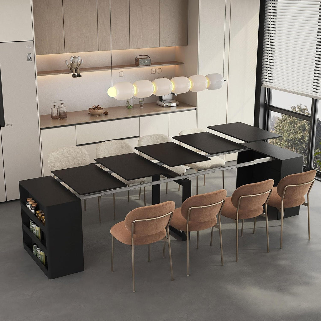 28" - 123" Large Extendable Dining Table, Expandable Table for 2-10 People with Side Storage Shelves, Multi-Functional Wood Kitchen & Conference Desk, Black