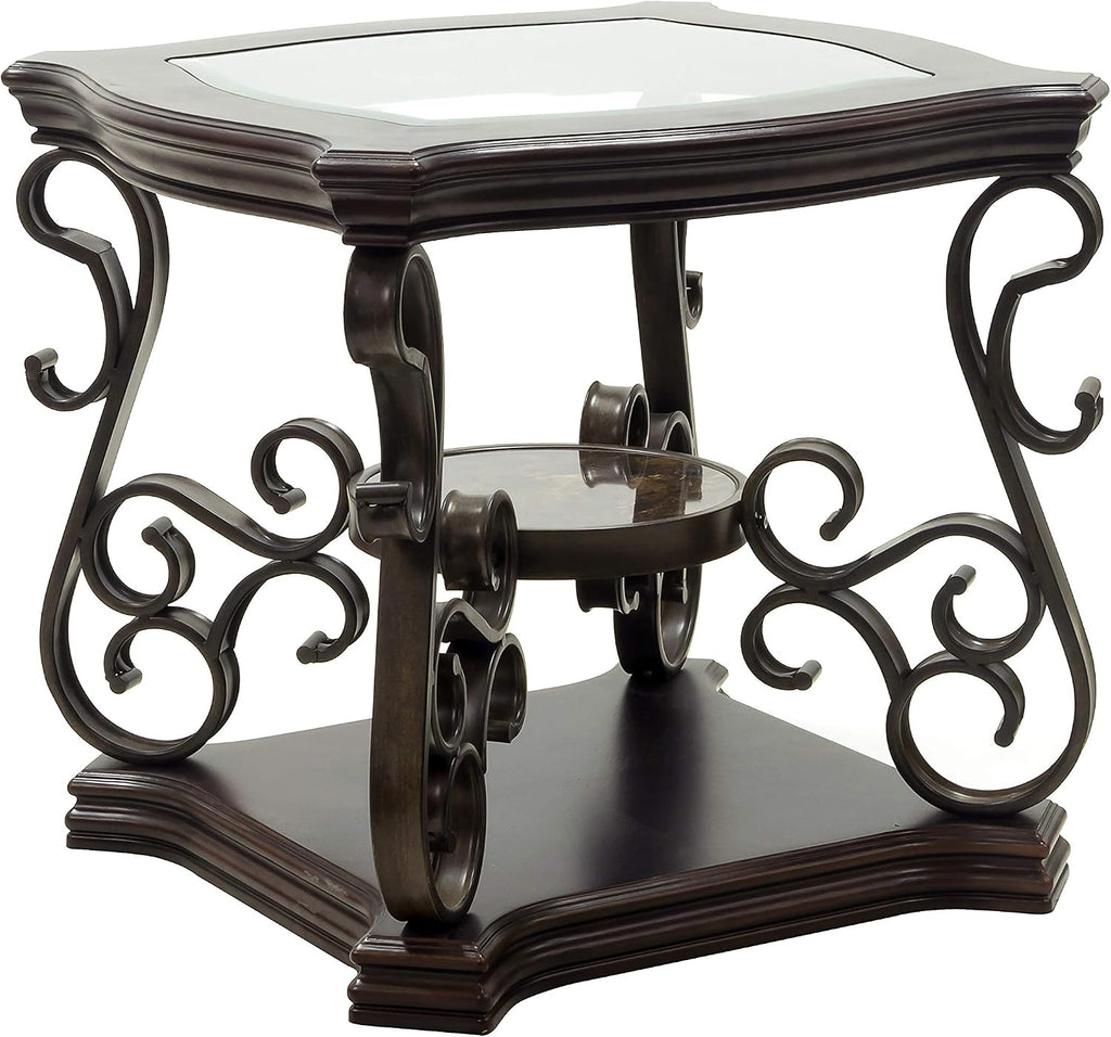 End Table with Glass Table Top, Cocktail Table with MDF and Marble Paper Middle Shelf, Sofa Table with Metal Legs for Living Room (Brown, 26.3" L*26.3" W*24" H)