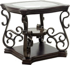 End Table with Glass Table Top, Cocktail Table with MDF and Marble Paper Middle Shelf, Sofa Table with Metal Legs for Living Room (Brown, 26.3" L*26.3" W*24" H)