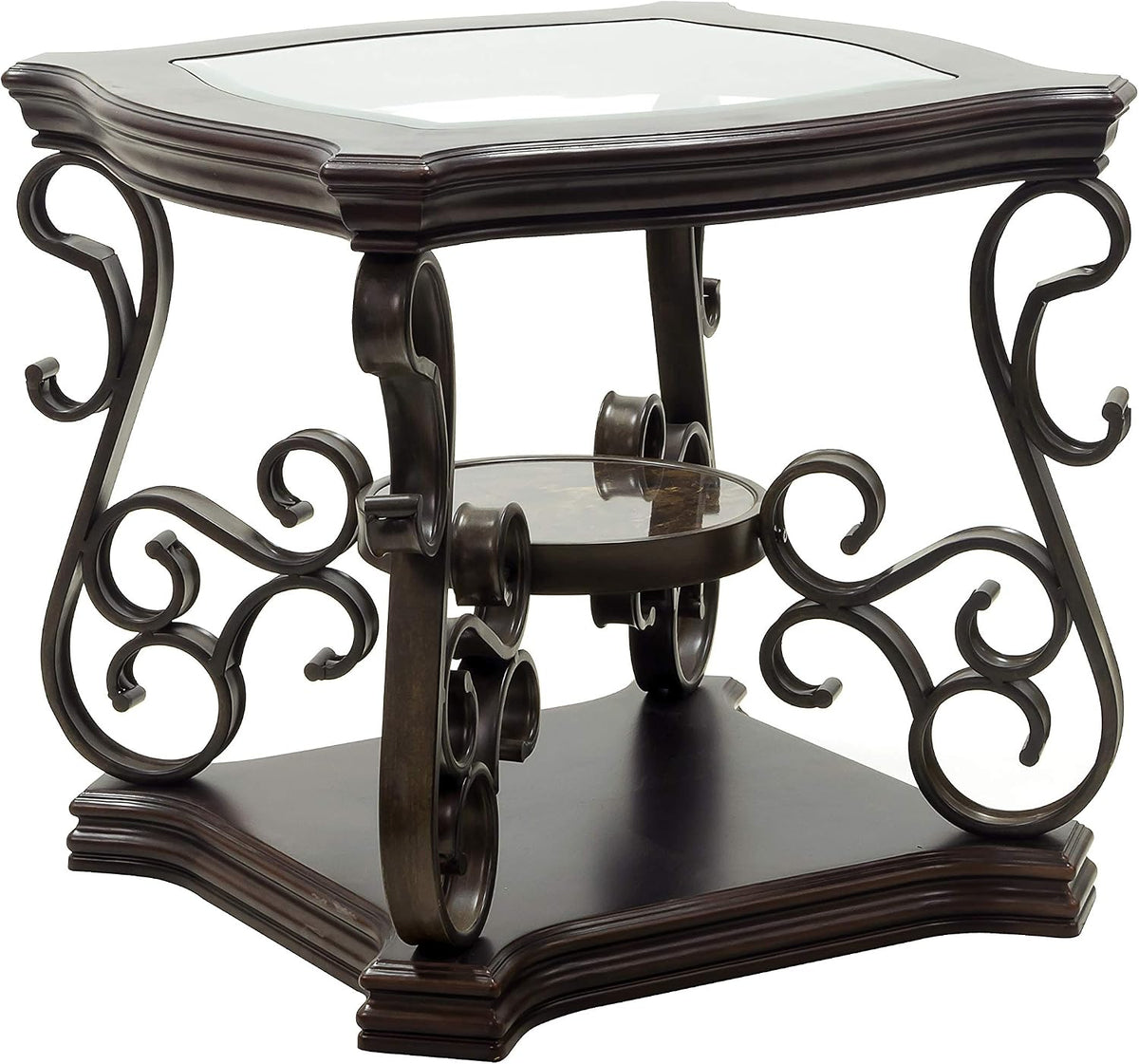 End Table with Glass Table Top, Cocktail Table with MDF and Marble Paper Middle Shelf, Sofa Table with Metal Legs for Living Room (Brown, 26.3" L*26.3" W*24" H)