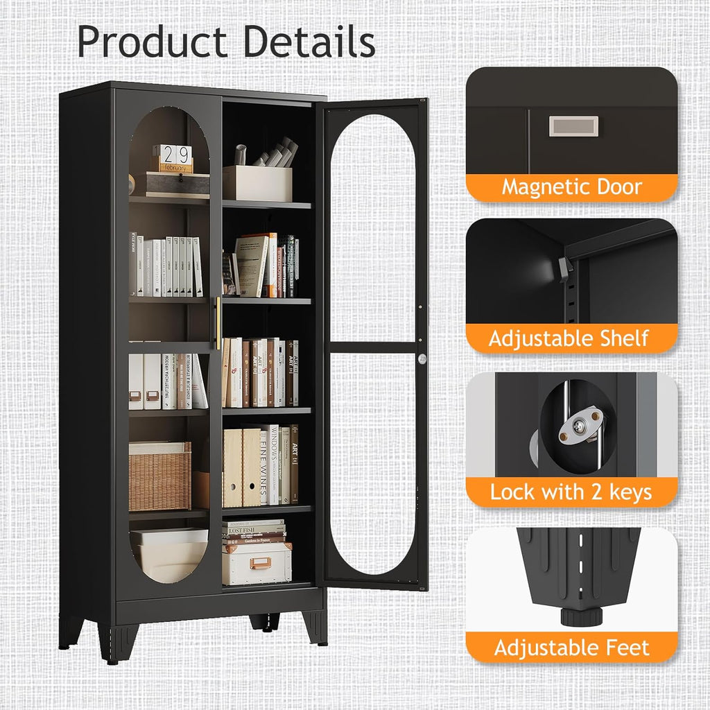 PAOFIN 71" H Locking Display Cabinet with Glass Door, Metal Curio Cabinets with 4 Adjustable Shelves, Tall Liquor Cabinet Display Case for Living Room, Collectibles, Home - Assembly Required Black