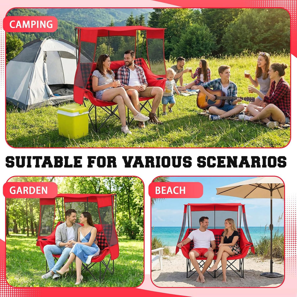 Teenyyou Double Camping Chair with Canopy - 2 Person Beach Chair with UV Sun Protection 660lbs Heavy Duty Foldable Loveseat with 2 Cup Holder & Storage Bag for Lawn Beach Outdoor Sport(Red Plaid)