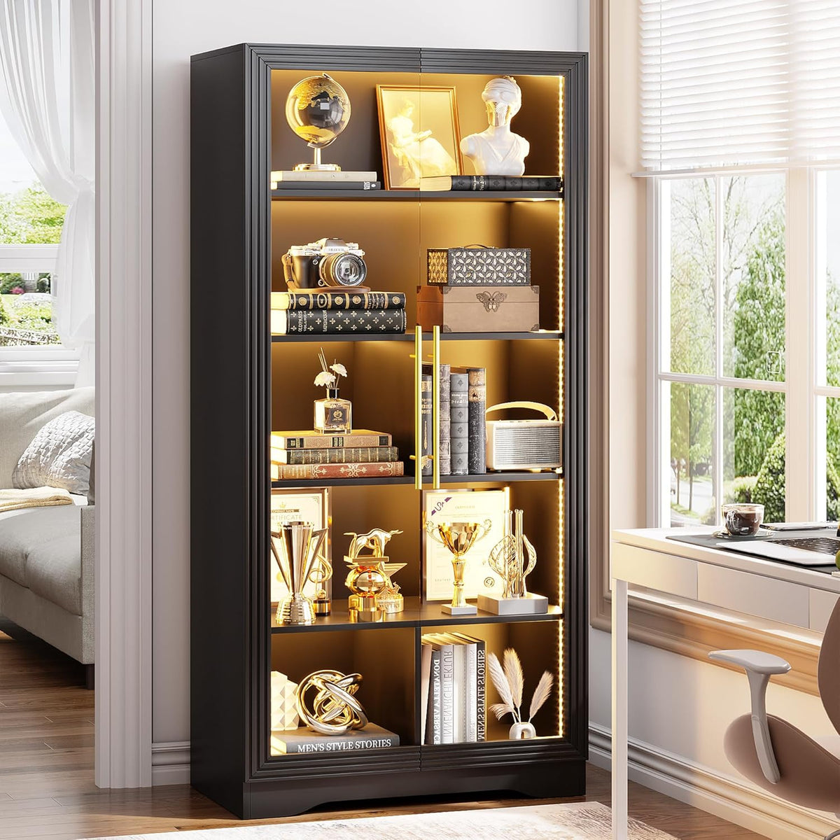 LVSOMT Bookcase with Glass Doors and LED Light, Home Office Bookshelf Black
