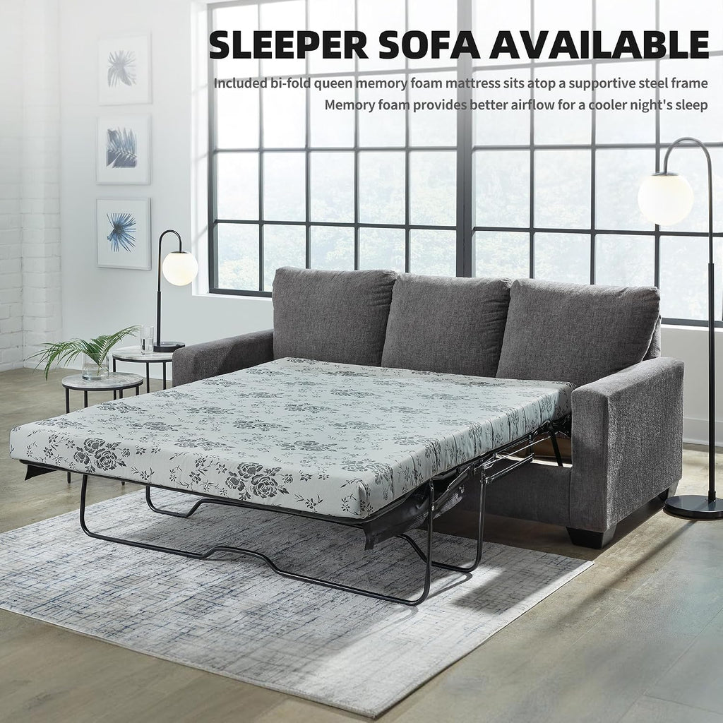 Signature Design by Ashley Rannis Queen Sleeper Sofa, Pewter Pull Out Couch | Pewter gray polyester chenille, Includes 4 in queen memory foam mattress, Space-saving 3-seater profile for living rooms