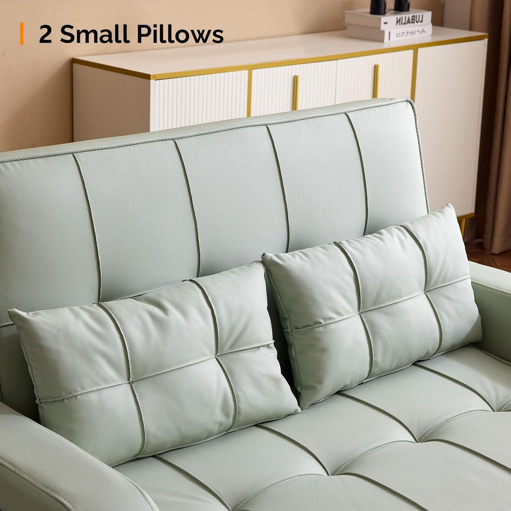 VINGLI Convertible Loveseat Sleeper Sofa Bed, Pullout Couch for Living Room | Light Green Futon Sofa Bed, Faux Leather Pull-Out Couch Bed with USB Ports, Cup Holders for Small Space, Apartment, Office