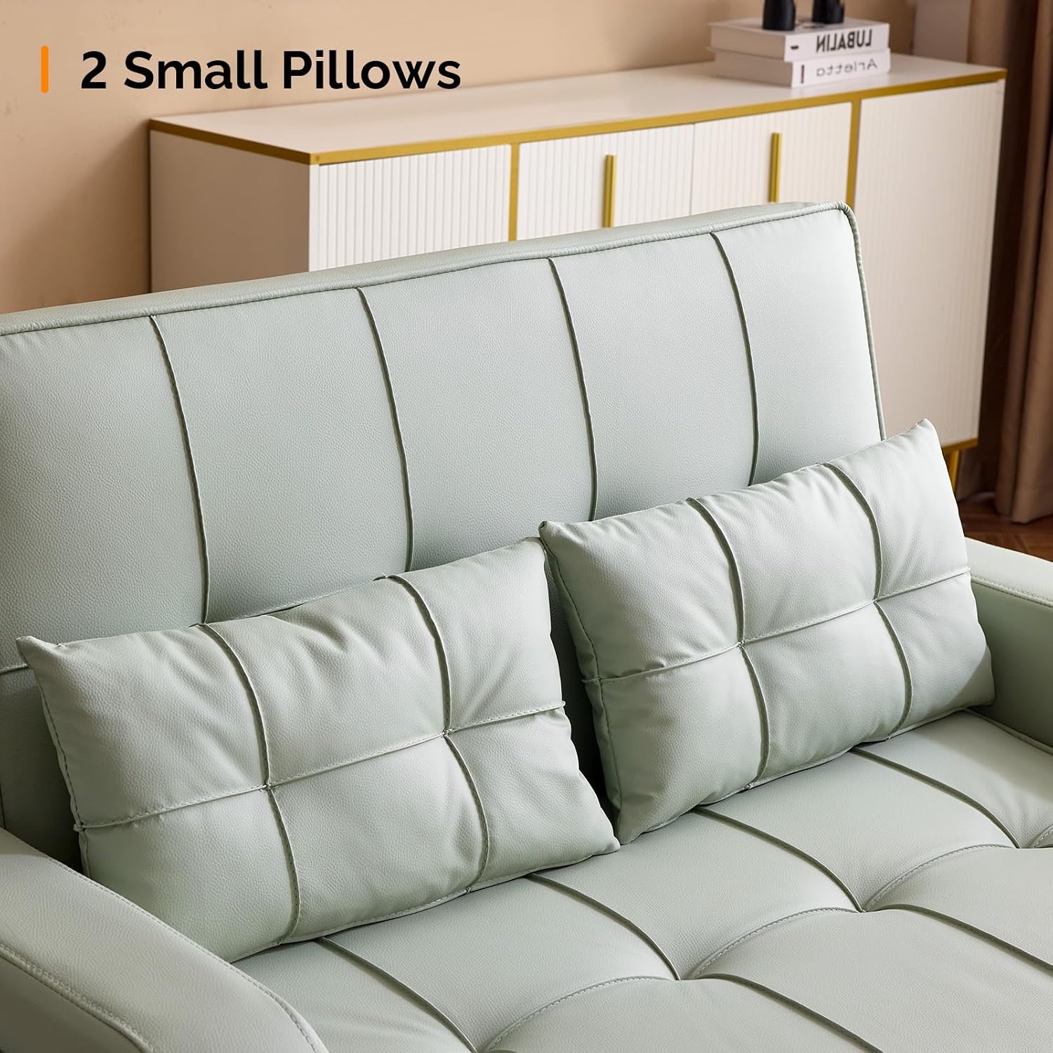 VINGLI Convertible Loveseat Sleeper Sofa Bed, Pullout Couch for Living Room | Light Green Futon Sofa Bed, Faux Leather Pull-Out Couch Bed with USB Ports, Cup Holders for Small Space, Apartment, Office