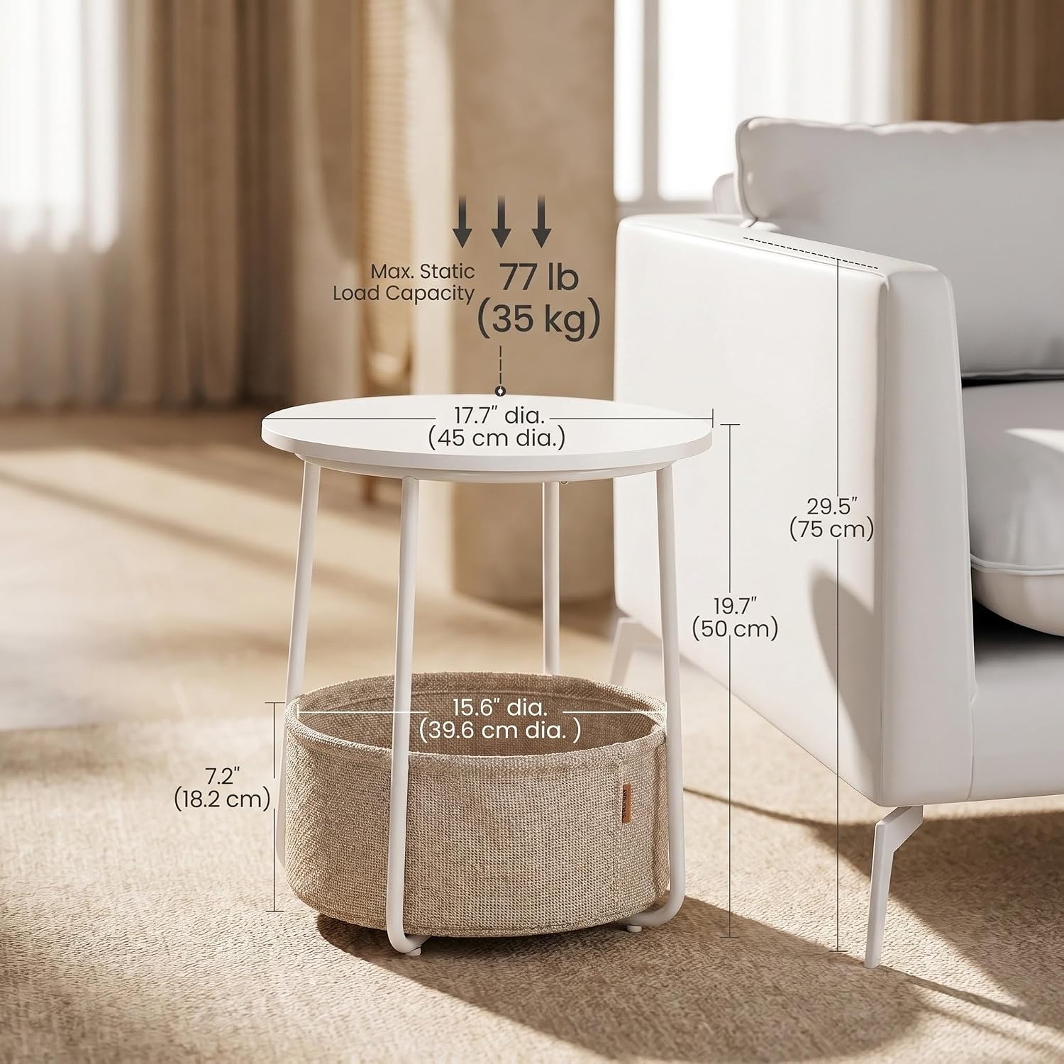 Nordic Minimalist Round Side Table with Reinforced U-Shaped Steel Frame, High-Strength Particleboard Top and Wrinkle-Resistant Double-Layer Polyester Fabric Storage Basket