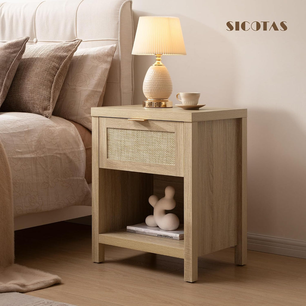 SICOTAS Nightstands Set of 2 Rattan Night Stand with Drawer | Farmhouse Bedside Table with Storage Shelf - Boho End Side Table for Bedroom, Light Oak