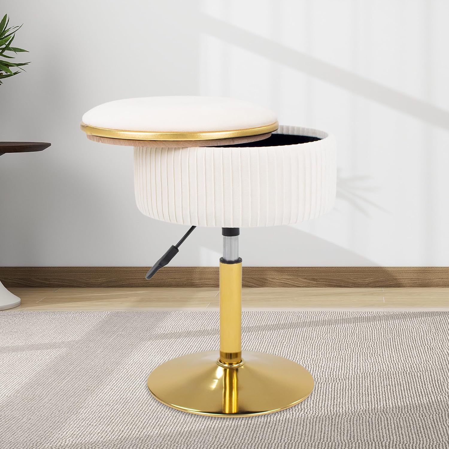 Adjustable Vanity Stool, Velvet Makeup Stool with Storage Beige | Small Vanity Chair, 360° Swivel Round Ottoman with Gold Base for Living Room, Bedroom