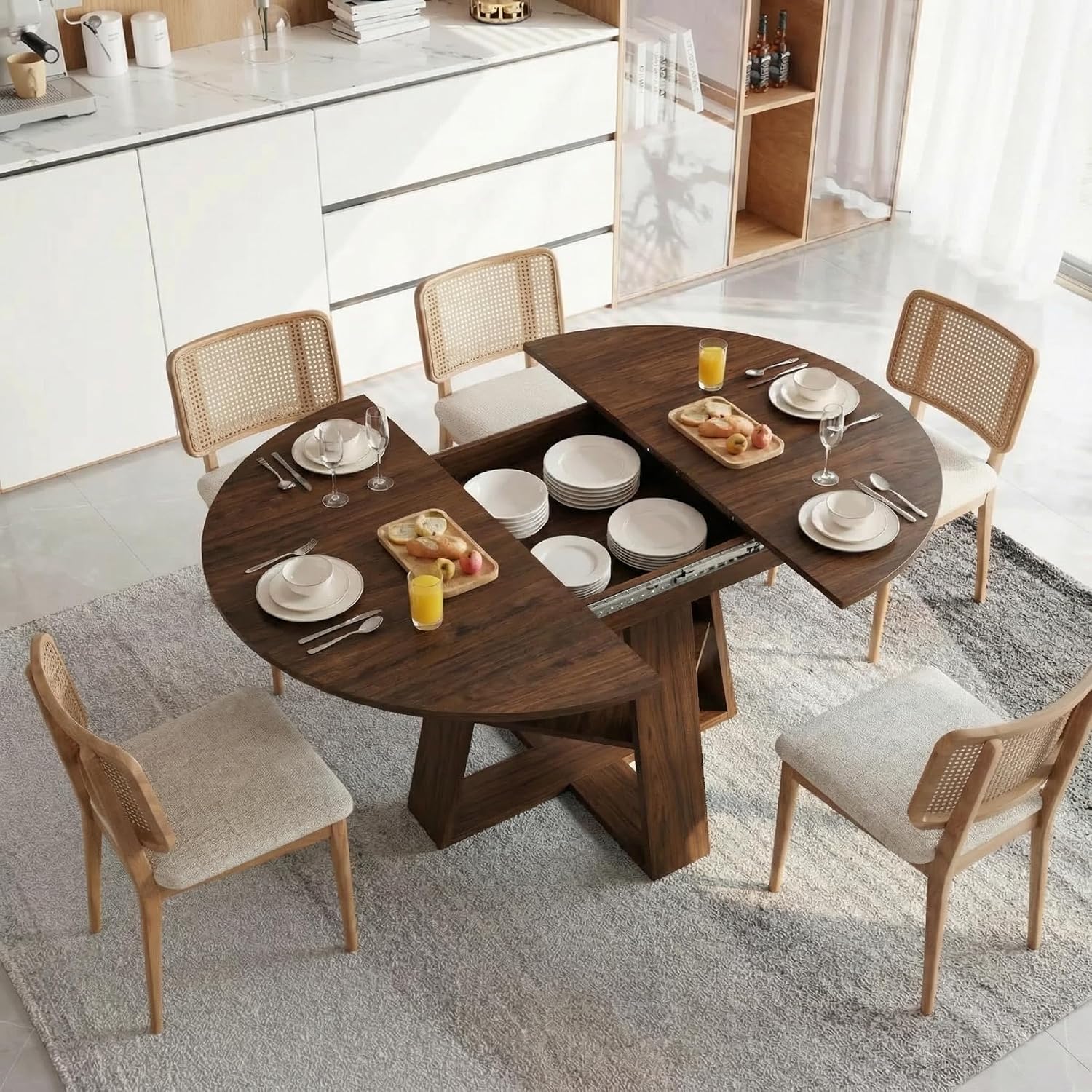 43.3-59" Extendable Round Dining Table, Modern Oval Kitchen Table with Removable Leaves, Wooden Base with Storage Shelf, Space Saving Dining Table for Kitchen Living Room Apartment Small Space, Walnut