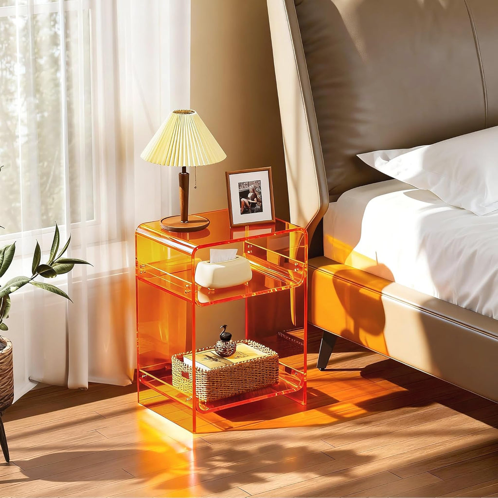 Acrylic Record Player Table with Storage Shelf, Clear Side Table Nightstand (Orange, Medium)