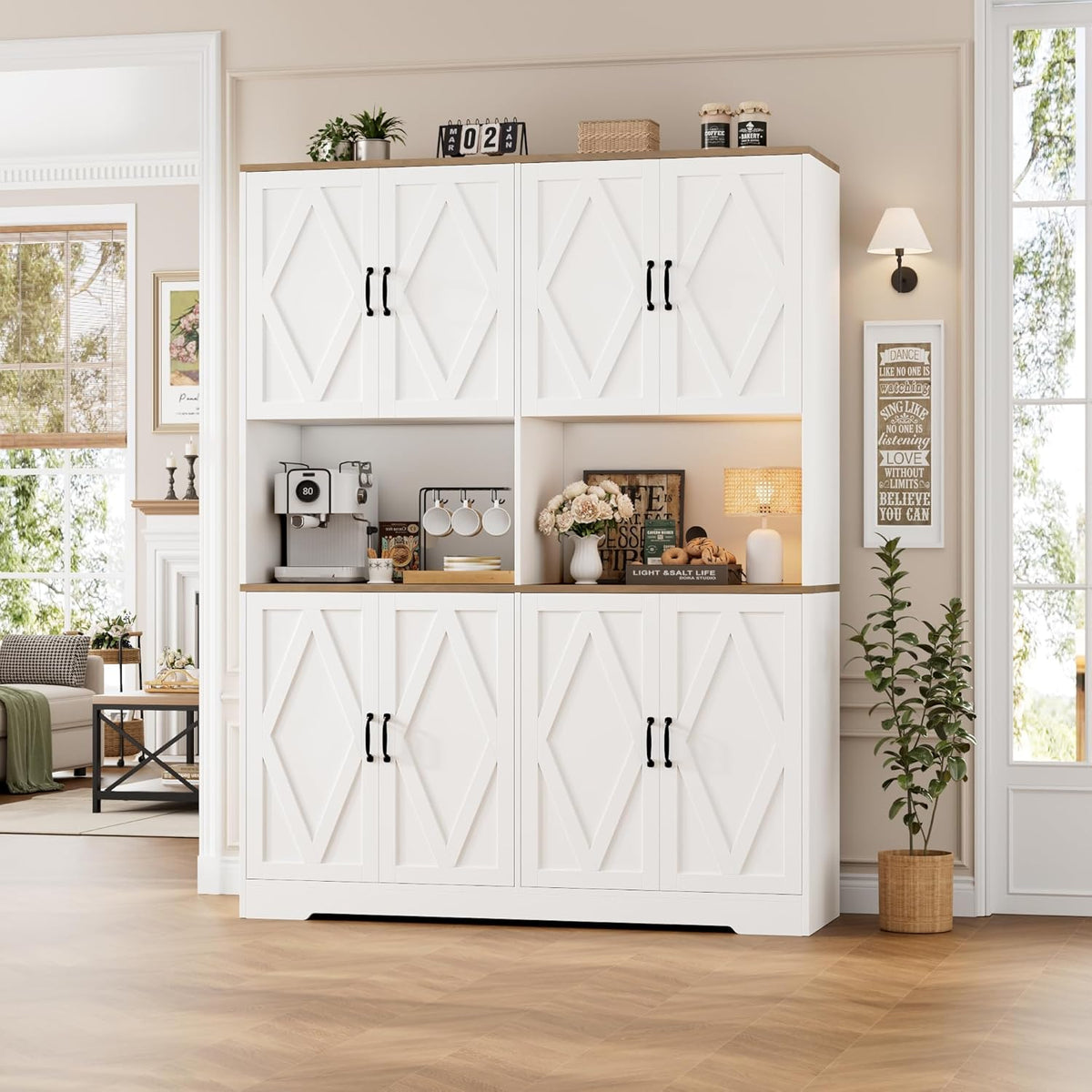 HOSTACK 71" Tall Pantry Cabinet, 55" Wide Kitchen Pantry Storage Cabinet, Large Kitchen Hutch with 2 Microwave Stands, Farmhouse Coffee Bar Station with Doors and Shelves for Dining Room, White