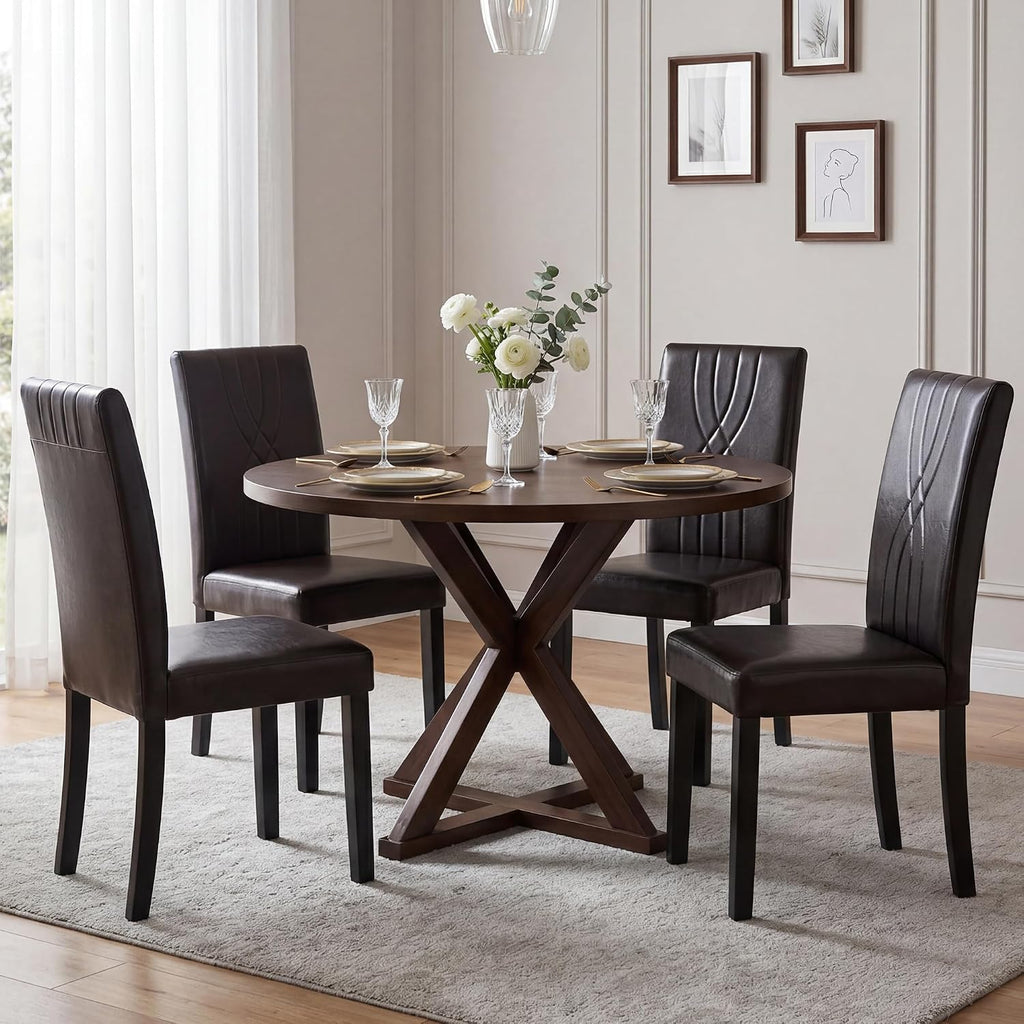 LSSBOUGHT Modern Dining Chair Set of 6,Urban Style Leather Kicthen Chairs with Solid Wood Legs for Dining Room and Restaurant (Brown-Quilted backrest)