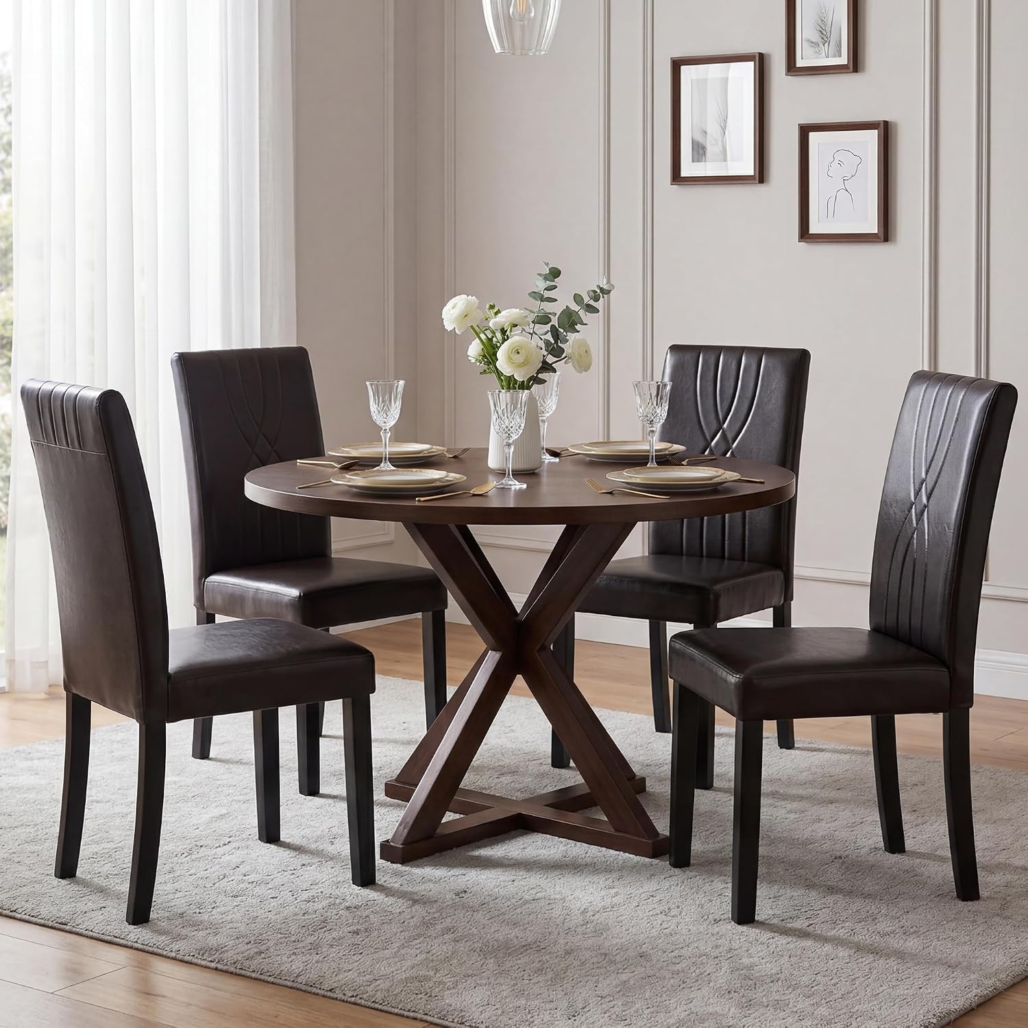LSSBOUGHT Modern Dining Chair Set of 6,Urban Style Leather Kicthen Chairs with Solid Wood Legs for Dining Room and Restaurant (Brown-Quilted backrest)