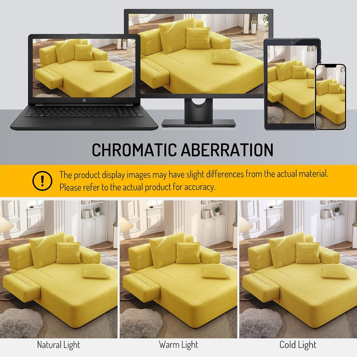 Oversized Chaise Lounge Chair Indoor, Upholstered Single 68''Convertible Sofa Bed with Storage Pocket, Frameless Design & Compression Foam for Small Spaces, Living Room, Apartment, Yellow