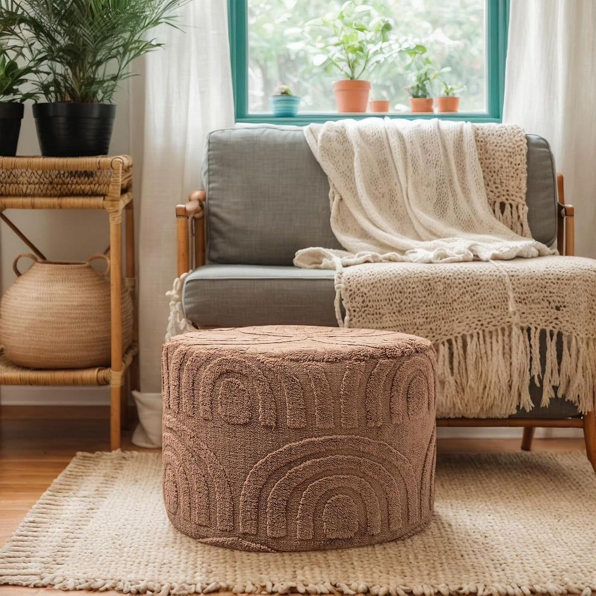 Asuprui Round Ottoman Pouf Foot Stool, Coffee 20x14 in,Sofa Couch Foot Rest | All-One Foam Pouf, Ottoman Coffee Table,Foot Rest for Chair,Remov.Cover, Perfect for Living Room Bedroom Dorm or Wedding Gift