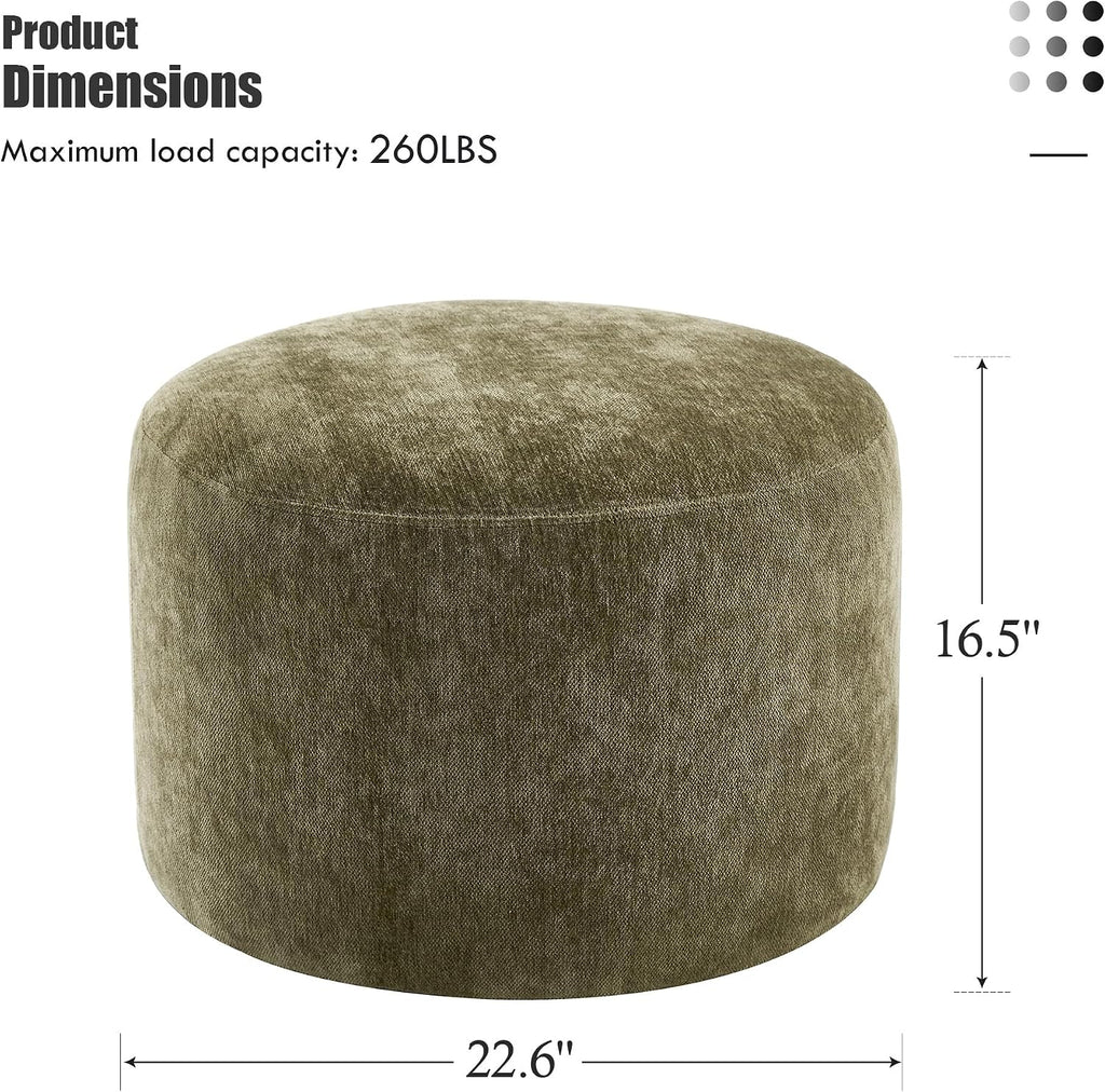 Flouki Pouf Ottoman Footrest, Foot Stools, Modern Round Upholstered Ottomans, Ottomans Pouffe, for Living Room, Bedroom, Entryway, Dorm, Selected Chenille Fabric, Green