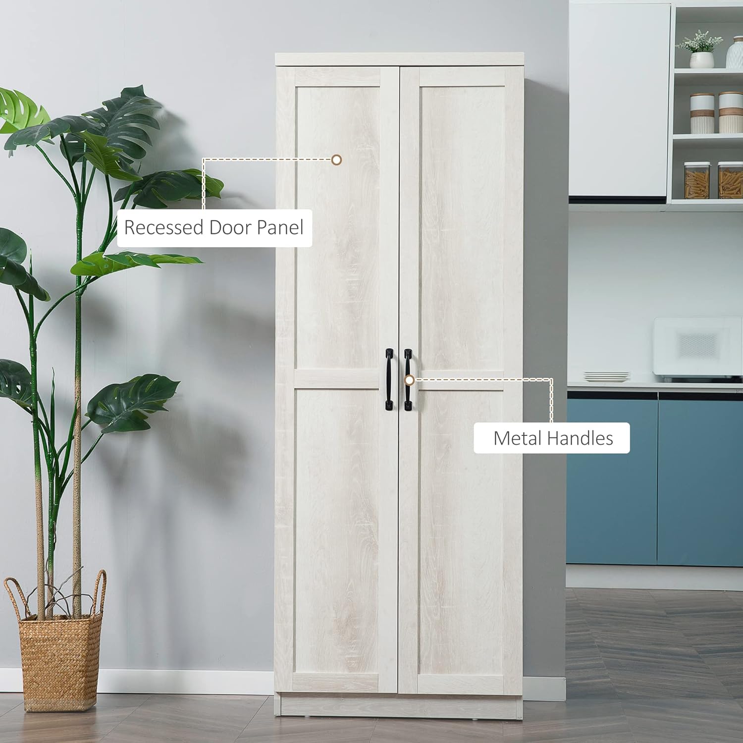 63" 2-Door Kitchen Pantry, Freestanding Storage Cabinet with 5-Tier Shelving and 2 Adjustable Shelves for Dining Room, Antique White