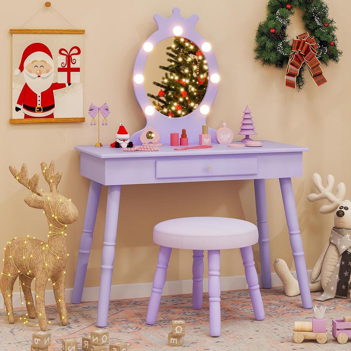 Costzon Kids Vanity, Girls Vanity Set with Mirror and Stool and Lights, Drawer, 2 in 1 Wooden Makeup Vanity Desk Dressing Table, Kids Vanity Table and Chair Set (Violet)
