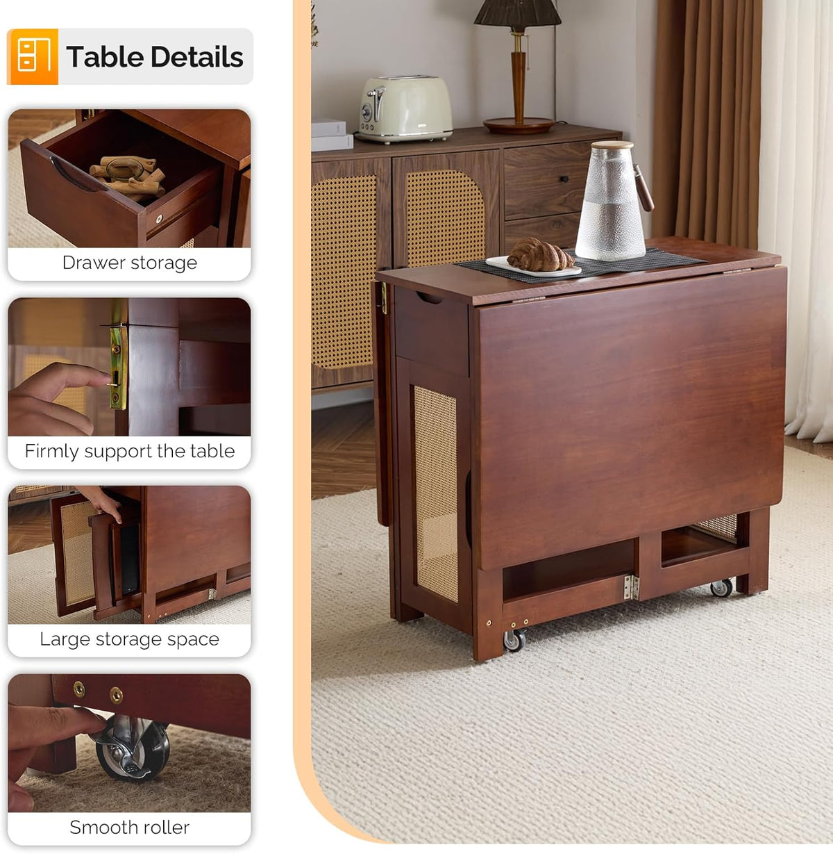 VINGLI 5-Piece Folding Dining Table Set, Extendable Drop Leaf Solid Wood Table with 4 Chairs, Drawers & Wheels, Space-Saving Design for Kitchen, Walnut