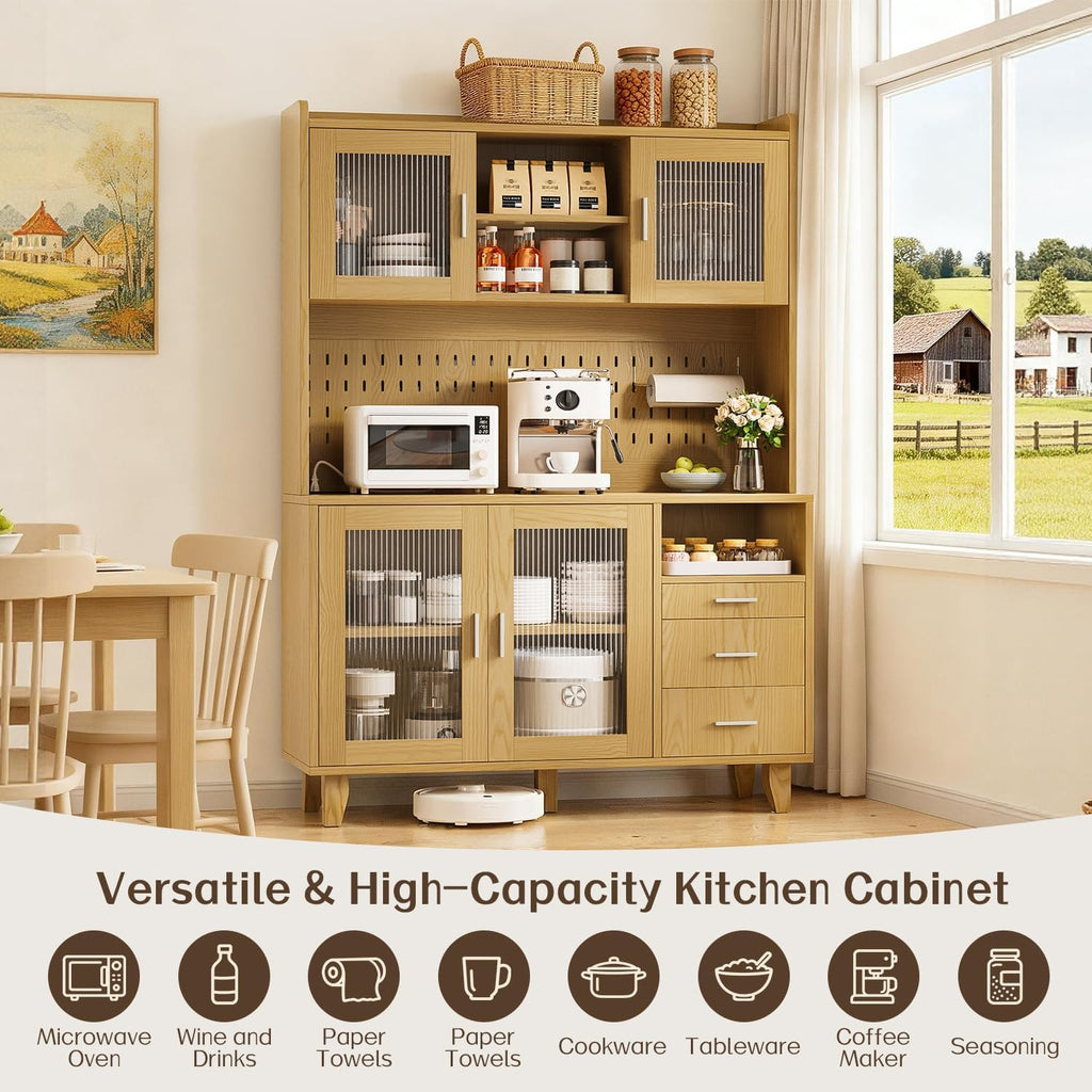 71" Tall Kitchen Pantry Cabinet with Remote LED Light & Charging Station, Farmhouse Freestanding Kitchen Storage Hutch with 3 Drawers, 6 Pegboard Hooks, Open Countertop and Shelves, Natural