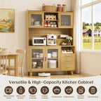 71" Tall Kitchen Pantry Cabinet with Remote LED Light & Charging Station, Farmhouse Freestanding Kitchen Storage Hutch with 3 Drawers, 6 Pegboard Hooks, Open Countertop and Shelves, Natural